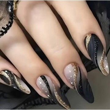 Накладні нігті Kitty Nail чорні з лініями матові, форма мигдаль, довгі, 24 шт