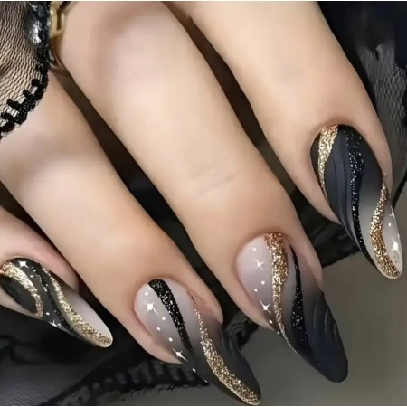 Накладні нігті Kitty Nail чорні з лініями матові, форма мигдаль, довгі, 24 шт з доставкою по Україні