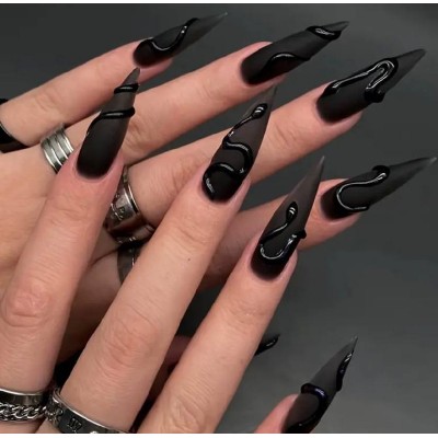 Накладні нігті Beauty Nails чорні з 3d зміями, форма стилет, довгі, 24 шт