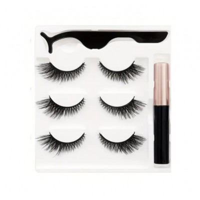 Магнітні вії False eyelashes Black-3 ефект лисички, з підводкою і пінцетом, 3 пари