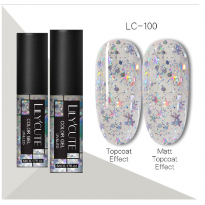 Гель-лак Lilycute LC-100 крупні срібні блискітки, зірочки, 5 мл