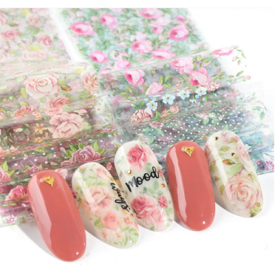 Набір фольги перекладної для нігтів, квіти Romantic Rose, 4х20 см, 10 шт  в наборі з доставкою по Україні